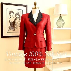 VTG 80s,Randy Kemper,Red 100% Silk Beaded-Collar,Skirt,Suit,EVC,Size 6,(4 Skirt)